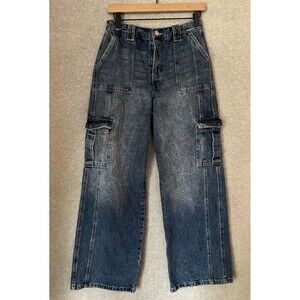 Kancan Jeans Womens 7/27 Blue Jayden High Rise Skater Fit Cargo Wide Leg Baggy